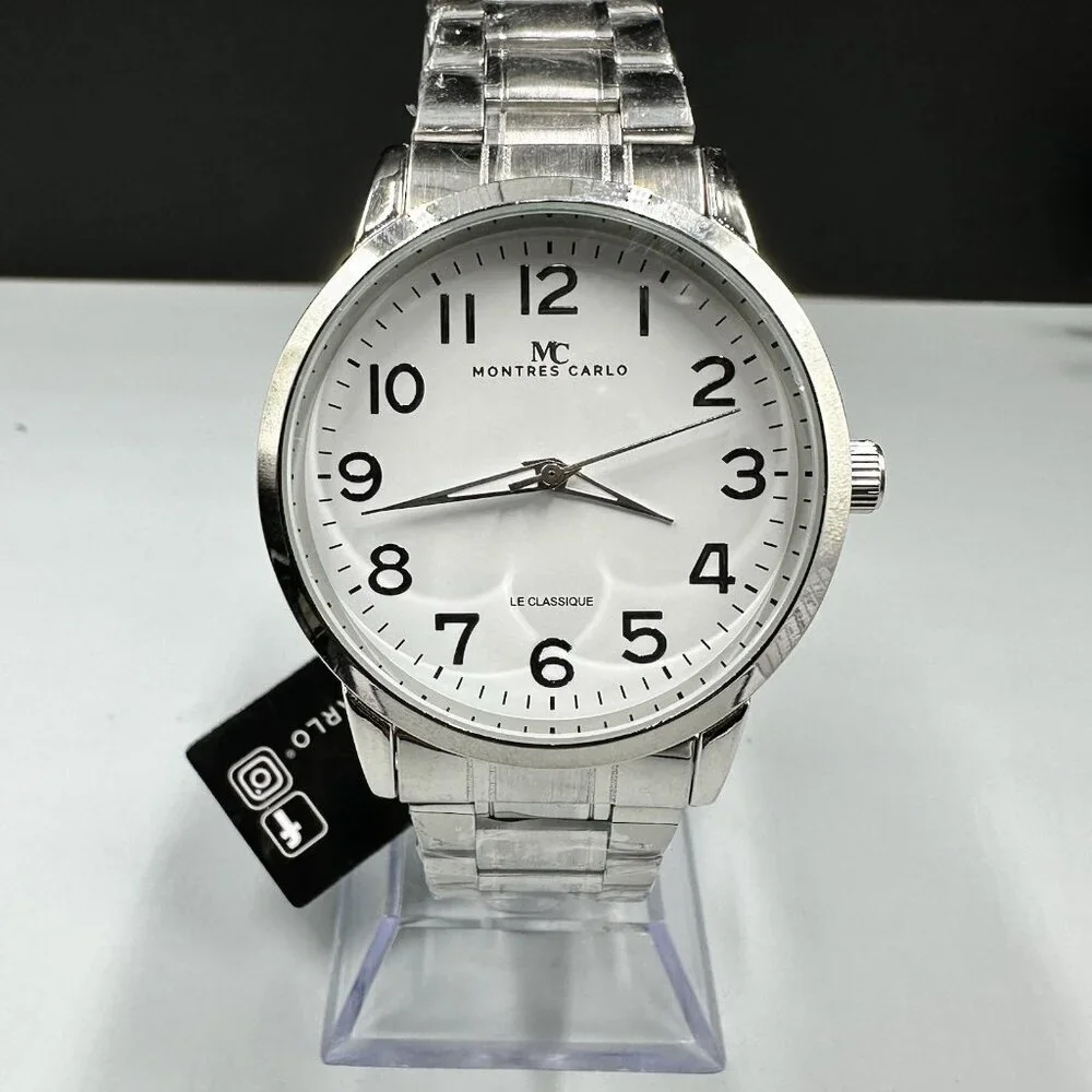 Montres Carlo Watch Men Silver Tone White Dial Round 38MM New Battery 8.25